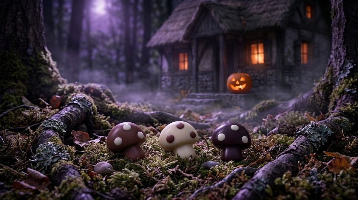 Three chocolate mushrooms, milk, white and dark, on moss in a misty forest at night, with a cottage with lit windows and a jack-o'-lantern behind them. Picture made with AI.