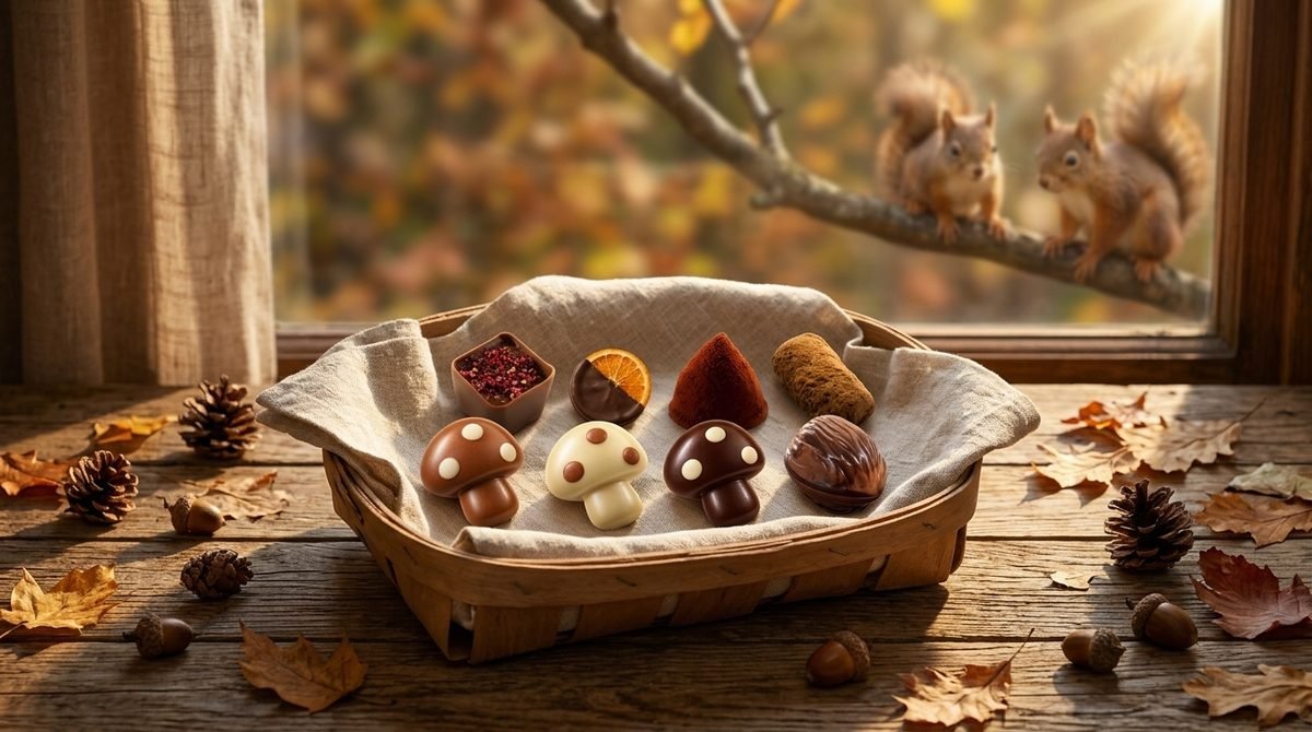 Chocolates in a basket on a linen cloth by a window in autumn: Aube d'Hiver, Orange trempée, Truffle Dark and Truffle Coffee at the back, the milk, white and dark chocolate mushrooms and a walnut praline in front, with pine cones, acorns and fallen leaves on the table and two squirrels on a branch outside. Picture made with AI.