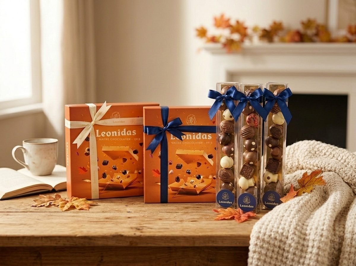 Two orange Leonidas autumn gift boxes and three tubes of chocolates tied with navy bows, on a wooden table. Picture made with AI from the shop's own products.