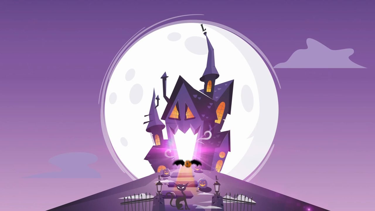 A haunted house under a full moon, with the Leonidas L on its spire, bats, pumpkins and a black cat