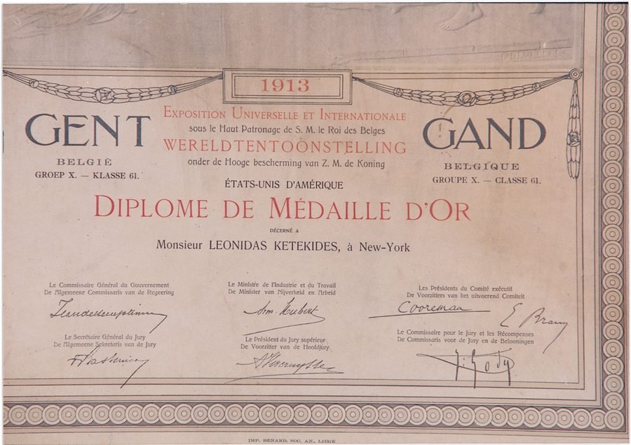 Gold medal diploma from the 1913 World's Fair in Ghent